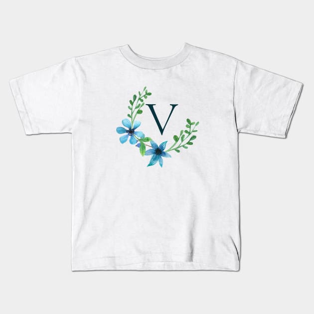 Floral Monogram V Pretty Blue Flowers Kids T-Shirt by floralmonogram